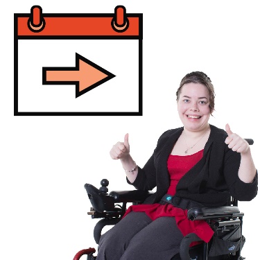 A person in a wheelchair giving two thumbs up. There is a calendar with an arrow pointing into the future. 