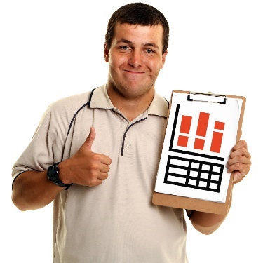 A person holding a clipboard with data on it. They are giving a thumbs up. 