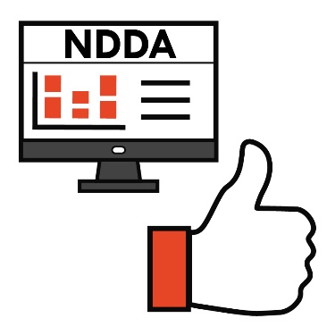 The NDDA website on a computer, with a thumbs up icon.