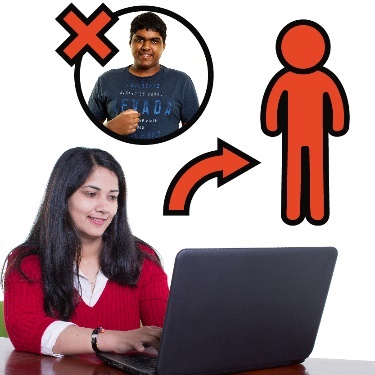 A person using a laptop, with an arrow pointing to an icon of a person. There is a photo of a person above, but it has a cross on it. 