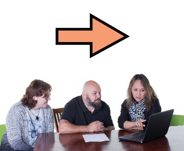 Three people working together on a laptop, with an arrow pointing towards the future. 