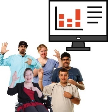 A computer with data on it. There are a group of people pointing at themselves with their hands raised. 