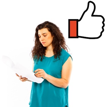 A person reading a document, with a thumbs up icon. 