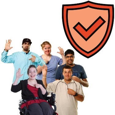 A group of people pointing at themselves with a safety icon above them.
