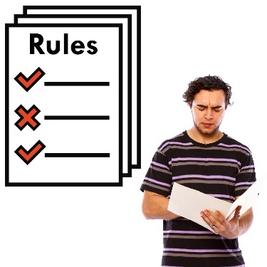 A person looking worried while reading a document. There is an icon of a stack of rules above them. 
