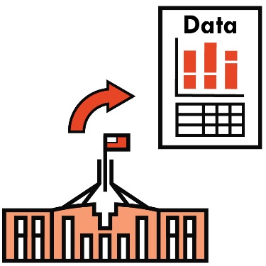 A government building with an arrow pointing to a data icon. 