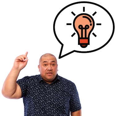 A person with their hand raised and a speech bubble with a lightbulb in it. 