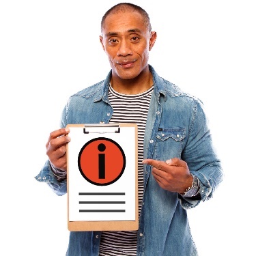 A person holding a clipboard with an information icon on it. 