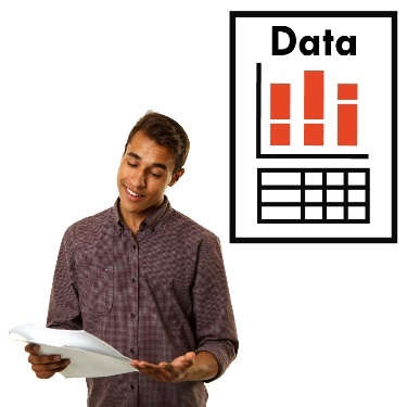 A person reading a document with a data icon above them. 