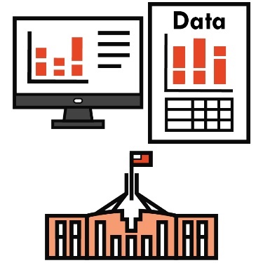 A government building. Above it is an icon of data on a computer and an icon of data on a document. 