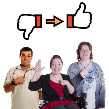 Three people pointing at themselves. Above is a thumbs down icon and an arrow pointing to a thumbs up icon. 