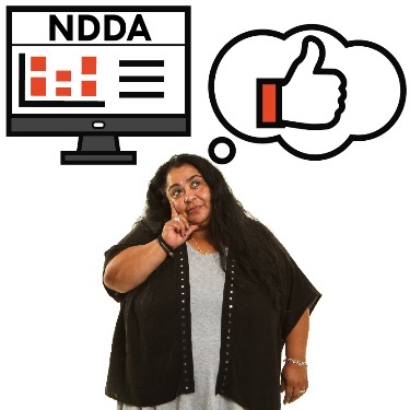 A person looking worried, and an NDDA website on a computer. The person has a thought bubble with a thumbs down icon in it. 