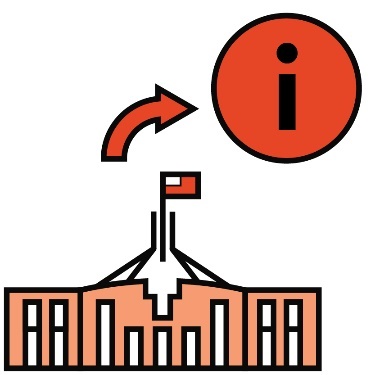 A government building with an arrow pointing towards an information symbol. 