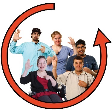 A group of people with their hands raised, and a circle-shaped arrow around them. 