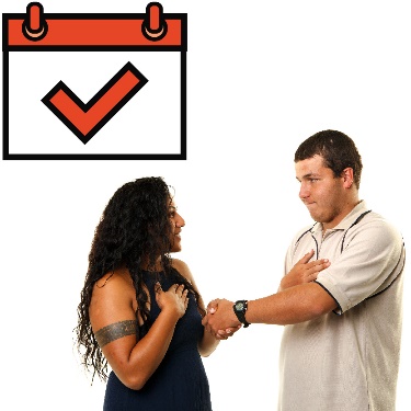 Two people shaking hands, and a calendar icon with a tick on it. 