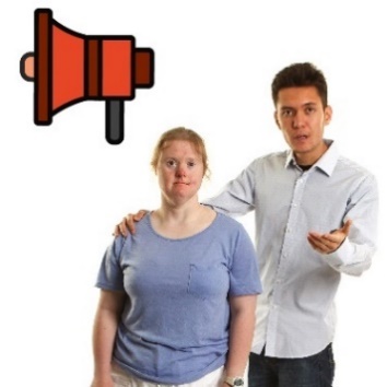 A person with their hand around someone else. There is a megaphone above them. 