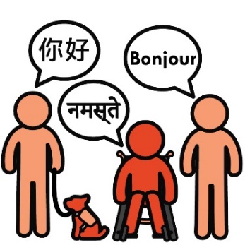 Icons of people speaking languages other than English. 