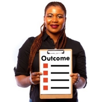 A person holding a clipboard with outcomes written on it. 