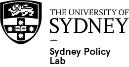 A logo of the University of Sydney with the words Sydney Policy Lab.