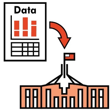 A data icon with an arrow pointing to a government building. 