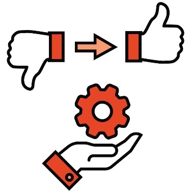 A thumbs down with an arrow pointing to a thumbs up. A hand holding a services icon is beneath. 