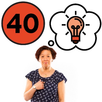 A person pointing at themselves with a thought bubble and a lightbulb inside it. There is the number 40 above them. 