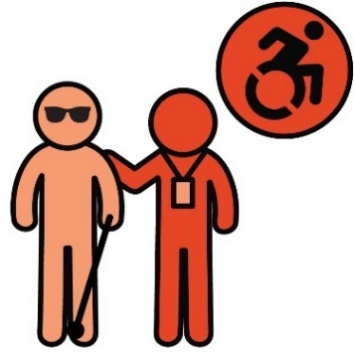 A person wearing a lanyard with their hand on a blind person's shoulder. There is a disability icon above them. 