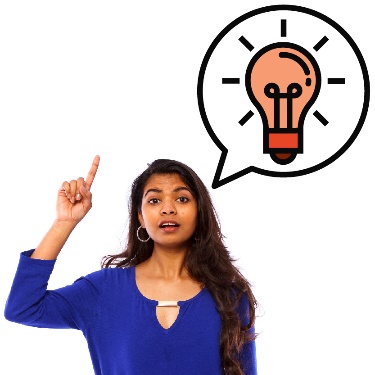 A person with their hand raised to say something. There is a speech bubble with a lightbulb inside it. 