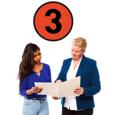 Two people looking over a document together, with the number three above them. 