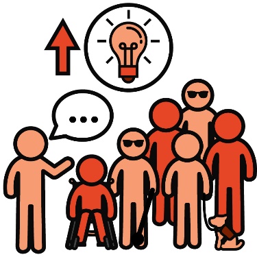 An icon of a person talking to a big group of people with disability. Above is an ideas icon with an arrow pointing up. 