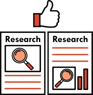 A thumbs up icon above two different documents saying Research. 