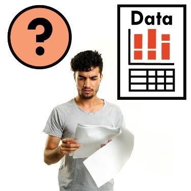 A person looking at a document with a data icon above them, and a question mark. 