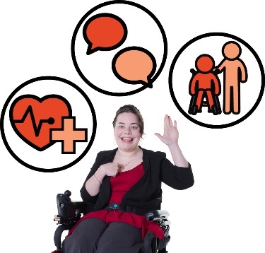 A person pointing at themselves. There are three icons around them, a health icon, a conversation icon, and a disability support icon. 