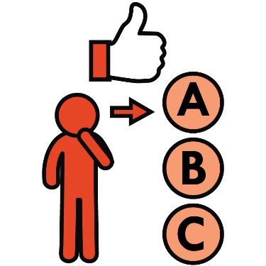 An icon of a person making a decision between A, B and C, with a thumbs up icon above. 