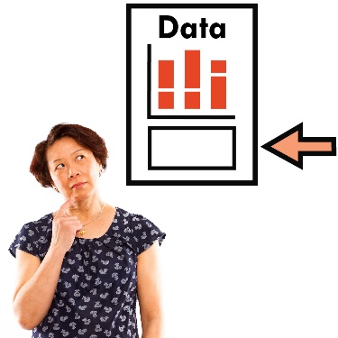 A person with their finger on their chin. Above is a data icon with an arrow pointing at a blank space in the icon. 