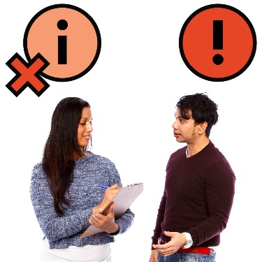A person recording someone else talking. The person speaking has an importance icon above them. The person recording has an information symbol above them, but it has a cross on it. 