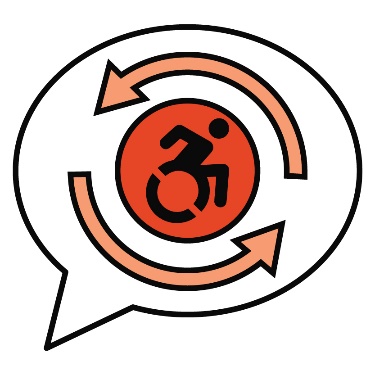 A speech bubble with a disability icon in it. There is a change symbol around the disability icon. 