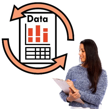 A person with a clipboard standing next to a data icon and a change symbol. 