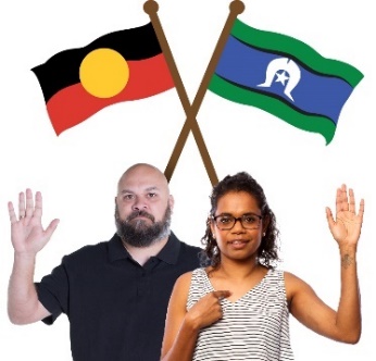 Two people pointing at themselves with their hand raised. There are the Aboriginal and Torres Strait Islander flags above them. 