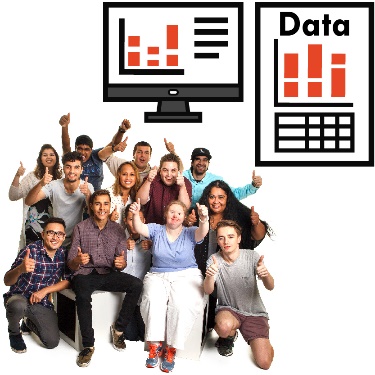 A group of people with their hands upraised. There is a computer above them with data on it, and a data icon. 