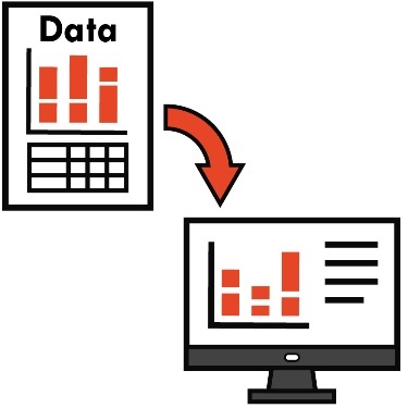 A data icon with an arrow pointing to data on a computer. 