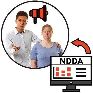 A computer with the NDDA website on it has an arrow pointing to a person with their hand on someone else's shoulder and a megaphone above them. 