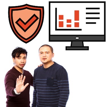 A person with their hand on someone's shoulder and the other hand saying stop. Above is a safety icon next to data on a computer. 