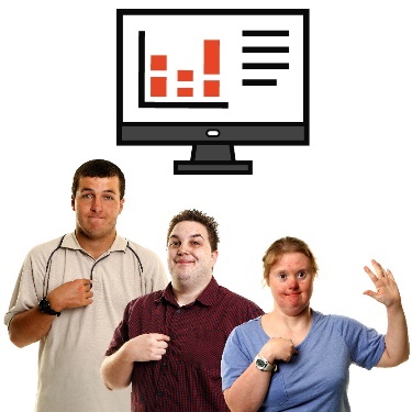 Three people pointing at themselves, with data on a computer above them. 