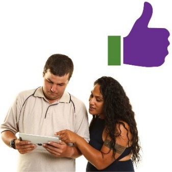 Two people looking at a document with a thumbs up icon above them. 