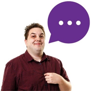 A person with a speech bubble. They are pointing at themselves. 