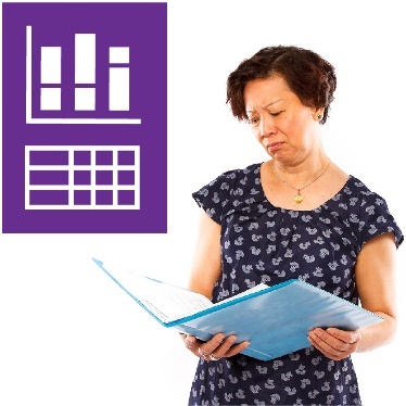 A data icon with a person looking at a document. 