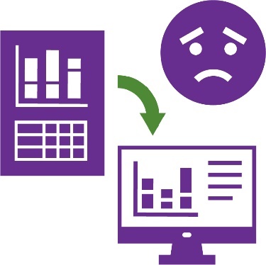 A data icon with an arrow pointing at a computer. There is a worried persons face above the arrow. 
