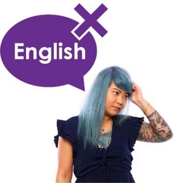 A person with their hand on their head. They have a speech bubble with the word English in it, and a cross. 