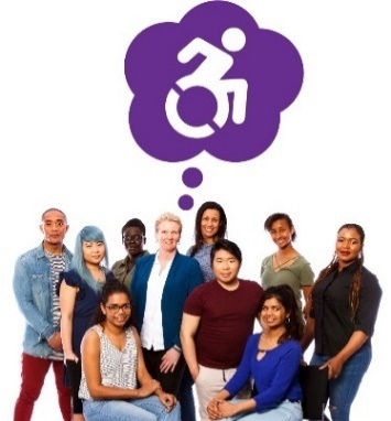 A group of people with a thought bubble above them, with a disability icon inside it. 